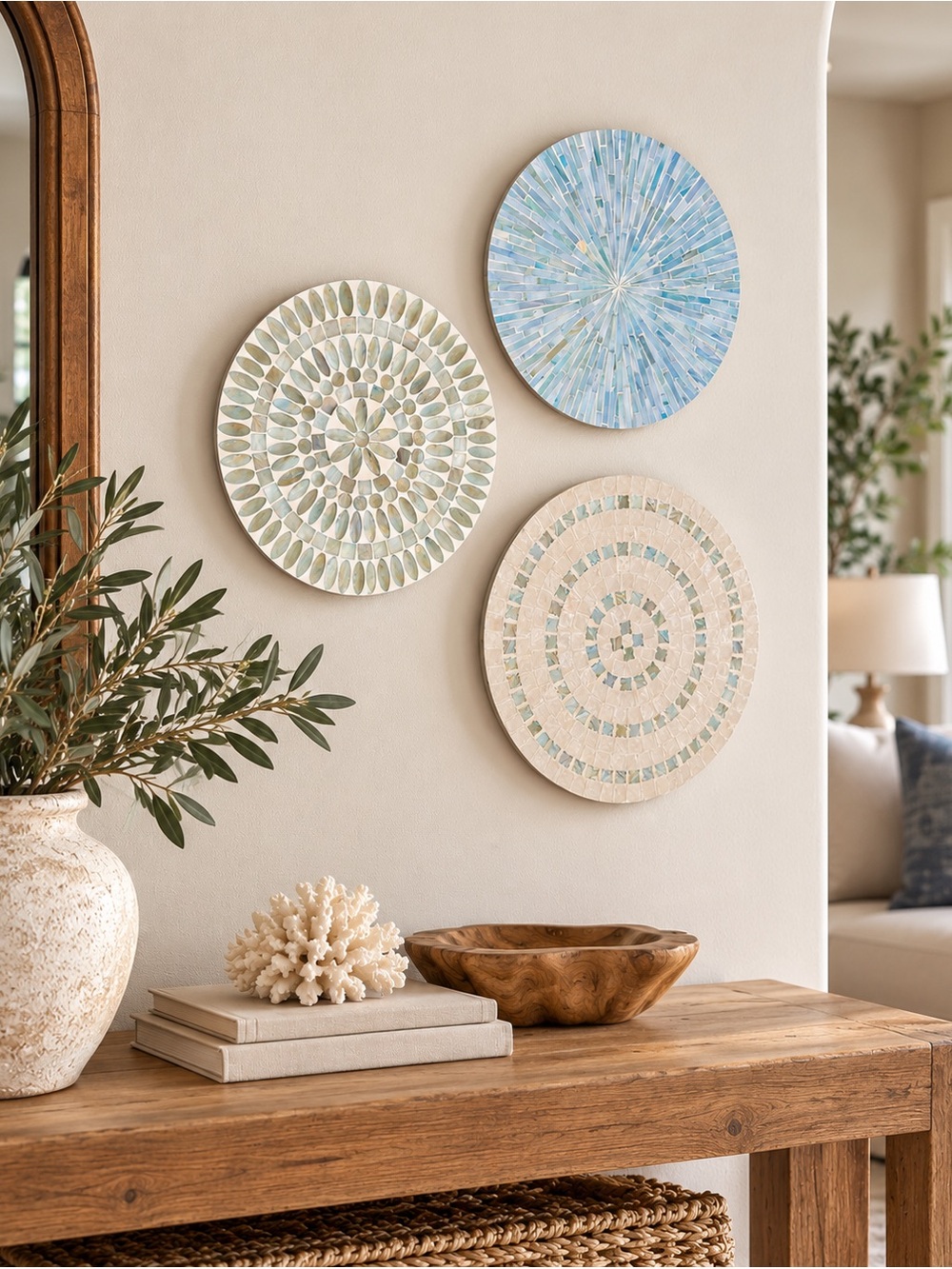 3 Pcs 12'' Blue Mother of Pearl Shell Plate Coastal Wall Art